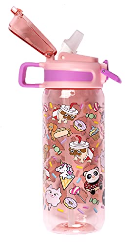 Fringoo - Animales y Golosinas - Botellas de Agua Libres de BPA - Botella de Agua con Pajita Rosa - Botella de Agua Reusable - 600 ml / 20 Oz