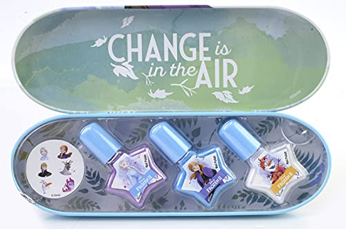 Frozen II Enchanting Destinations Nail Polish Tin - Cja de Metal de Maquillaje de Uñas para Niñas - Maquillaje Frozen - Estuche de Maquillaje de Lata con Pegatinas para Uñas y Esmalte de Uñas