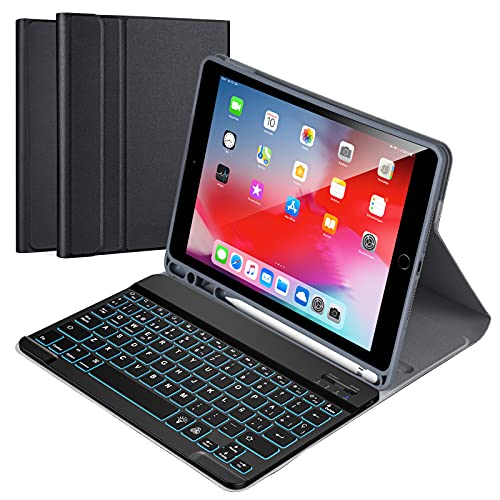 Funda con Teclado Español para iPad 10.2” 8th Gen 2020/7th Gen 2019/ iPad Pro 10.5/iPad Air 3, Carcasa PU Delgada con 7 Colores Retroiluminados Teclado Bluetooth Inalámbrico Desmontable Magnético