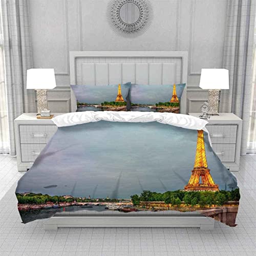 Funda Nordica Cama 105 Ropa de Cama Romance Torre de parís Paisaje Estampados 3D Suave Microfibra Funda Edredon 200x200 cm con 2 x Funda de Almohada 50x75 cm con Cremallera