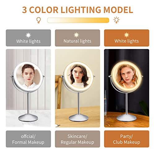 FUNTOUCH Espejo Maquillaje con Luz LED, Recargable Espejo Tocador con 1X/10X Aumento, 20CM Diámetro, Iluminación de 3 Colores, Grande Doble Cara Espejo Maquillaje con Luz, Rotación de 360 °