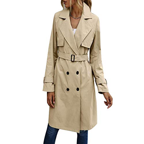 Gabardina de Doble Botonadura para Mujer con Blet Abrigo de Solapa Medio Largo clásico Abrigo clásico de otoño Invierno (Khaki, M)