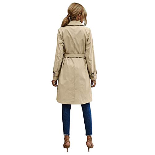 Gabardina de Doble Botonadura para Mujer con Blet Abrigo de Solapa Medio Largo clásico Abrigo clásico de otoño Invierno (Khaki, M)