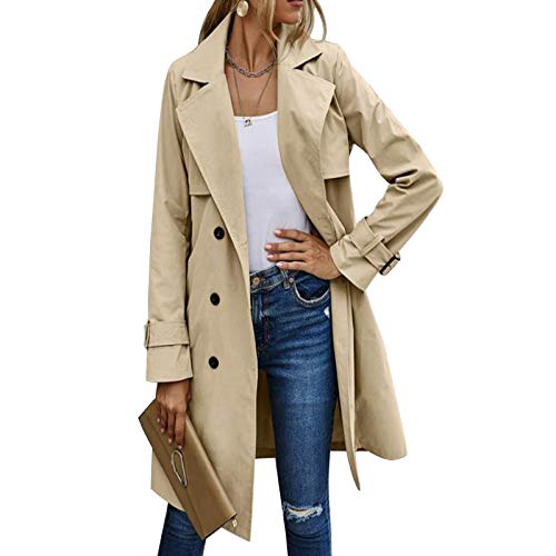 Gabardina de Doble Botonadura para Mujer con Blet Abrigo de Solapa Medio Largo clásico Abrigo clásico de otoño Invierno (Khaki, M)