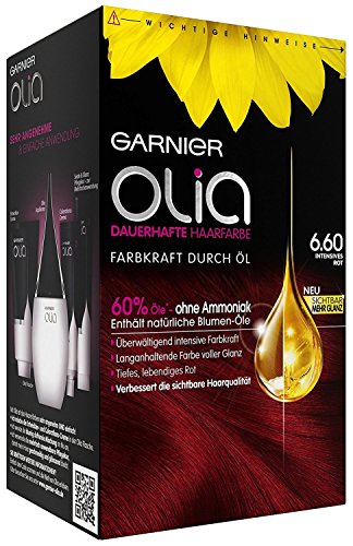 Garnier Olia Tinte para el cabello rojo intenso 6.60 / Coloración para el cabello contiene 60% de aceites de flores para una fuerza de color intensa, sin amoniaco, 3 x 1 unidad