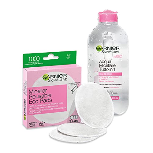 Garnier Skin Active - Kit de limpieza con discos ecológicos desmaquillantes de microfibra EcoPads y agua micelar todo en 1, discos lavables y reutilizables