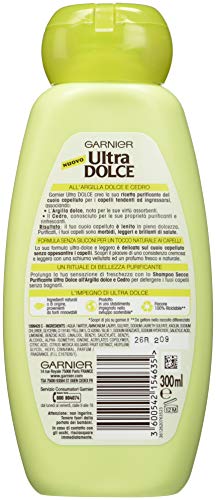 Garnier Ultra Dolce Champú Purificante arcilla Dolce y cedro para pelo tendenti ad ingrassarsi, sin parabeni, extractos nanturali, 300 ml