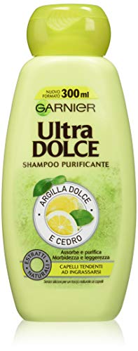 Garnier Ultra Dolce Champú Purificante arcilla Dolce y cedro para pelo tendenti ad ingrassarsi, sin parabeni, extractos nanturali, 300 ml