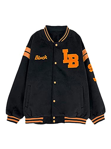 Geagodelia Mujer Chaqueta Elegante de Béisbol de Gran Talla con Manga Larga Sudaderas Largas de Hip Hop con Estampado de Letras Top de Y2K para Mujer (Negro , XL )