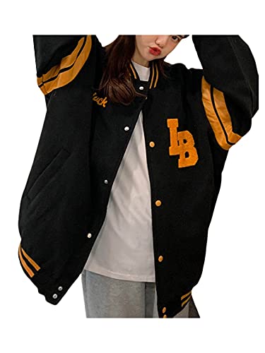 Geagodelia Mujer Chaqueta Elegante de Béisbol de Gran Talla con Manga Larga Sudaderas Largas de Hip Hop con Estampado de Letras Top de Y2K para Mujer (Negro , XL )