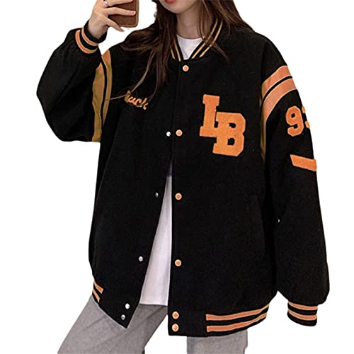 Geagodelia Mujer Chaqueta Elegante de Béisbol de Gran Talla con Manga Larga Sudaderas Largas de Hip Hop con Estampado de Letras Top de Y2K para Mujer (Negro , XL )