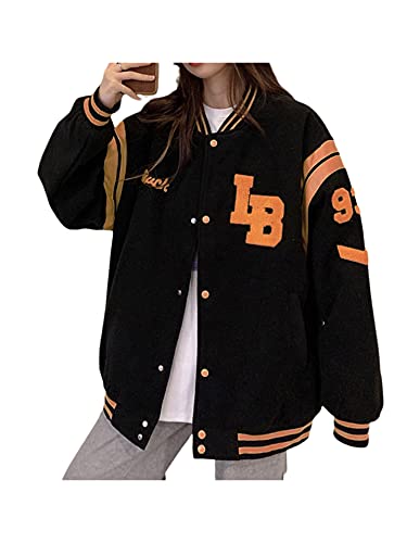 Geagodelia Mujer Chaqueta Elegante de Béisbol de Gran Talla con Manga Larga Sudaderas Largas de Hip Hop con Estampado de Letras Top de Y2K para Mujer (Negro , XXL )