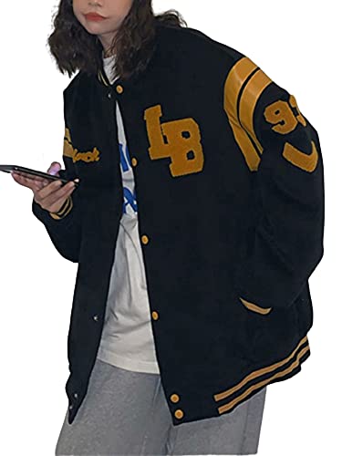 Geagodelia Mujer Chaqueta Elegante de Béisbol de Gran Talla con Manga Larga Sudaderas Largas de Hip Hop con Estampado de Letras Top de Y2K para Mujer (Negro , XXL )