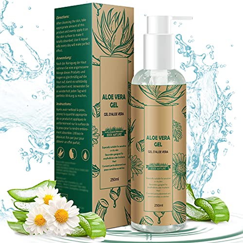 Gel de Aloe Vera con Manzanilla, 100% Natural Aloe Vera Crema para Hidratante para Pelo y Piel Ideal para Pieles Secas y Quemadas Por el Sol, Antisensible Antiinflamatorio Anti-Edad 250 ML