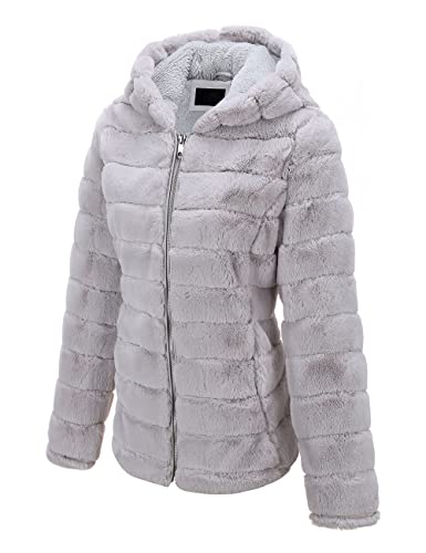 Geschallino Chaqueta de piel de Oveja de Lana Sintética para Mujer, Abrigo Corto de Sherpa Borroso con Capucha para Otoño e Invierno 1801 Gris XXL