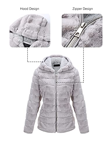 Geschallino Chaqueta de piel de Oveja de Lana Sintética para Mujer, Abrigo Corto de Sherpa Borroso con Capucha para Otoño e Invierno 1801 Gris XXL