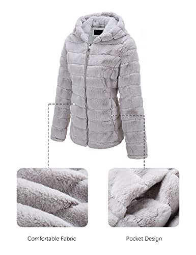 Geschallino Chaqueta de piel de Oveja de Lana Sintética para Mujer, Abrigo Corto de Sherpa Borroso con Capucha para Otoño e Invierno 1801 Gris XXL