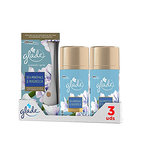 GLADE Ambientador Automático, Pack Difusor + 3 Recambios, 60 Días De Fragancia Sea Minerals & Magnolia, 350 g