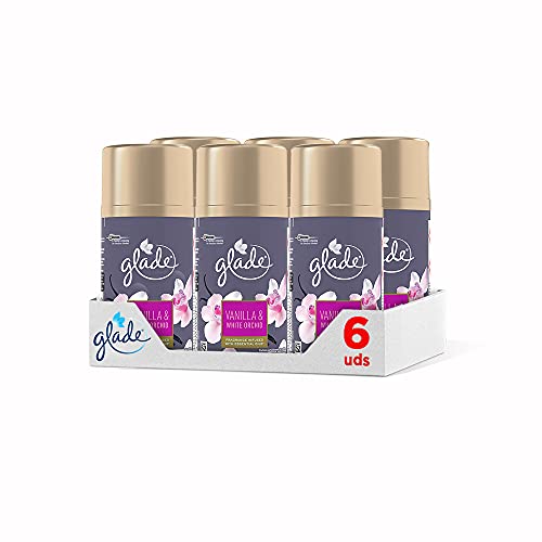 Glade - Ambientador Vanilla y White Orchid en Aerosol, Recarga para Dosificador Automático, Fragancia con Aceites Esenciales, Pack de 6