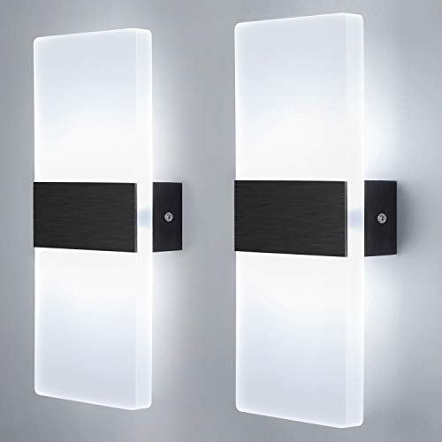 Glighone Apliques de Pared Moderno Lámpara de Pared Interior 2 * 12W Lámpara de Pared Negro Cepillado Iluminación Luz Interior para Salon Dormitorio Pasillo Escalera, 2pcs Blanco Frio