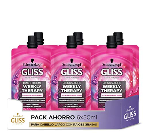 Gliss - Tratamiento Semanal Intensivo Long & Sublime (Pack de 6), Para cabello largo con raíces grasas, Gama protectora