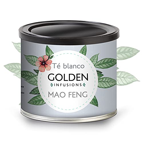 Golden Infusions - Té Blanco China Mao Feng - Lata de 100 g - Infusión a granel - Antioxidante - Mejora la Piel y Previene Arrugas - Vitamina C - Té Procedente de las Primeras Yemas de la Planta