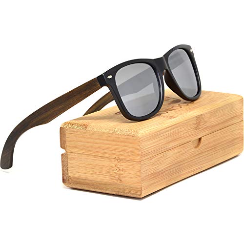 GOWOOD Gafas de sol para hombre y mujer con patillas de madera de ébano y cristales polarizados plateados