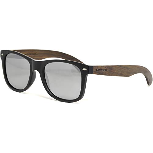 GOWOOD Gafas de sol para hombre y mujer con patillas de madera de ébano y cristales polarizados plateados