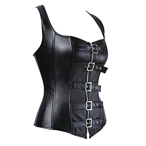 Grebrafan Gótico Steampunk Corsé de Piel Corset Cuero con Tirantes (EU(40-42) 2XL, Negro)