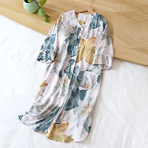 GRGFG Batas Kimonos Mujer,Camisones De Las Señoras Moda Lirio Rosa Claro Camisón Camisón Suelto Suave Manga Larga Botón Transpirable Ropa De Dormir Informal Camisón Camisa De Dormir Homewear, XL