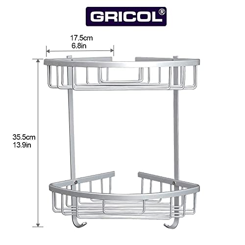 Gricol Estante para Esquinas de Ducha Sin Taladrar de Aluminio Aeronáutico Estanteria para Ducha Antioxidante Autoadhesivo con Ganchos para Artículos de Baño 2 Piezas (Plata)