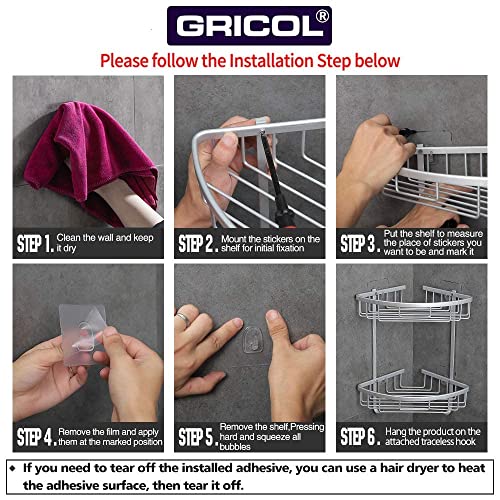 Gricol Estante para Esquinas de Ducha Sin Taladrar de Aluminio Aeronáutico Estanteria para Ducha Antioxidante Autoadhesivo con Ganchos para Artículos de Baño 2 Piezas (Plata)