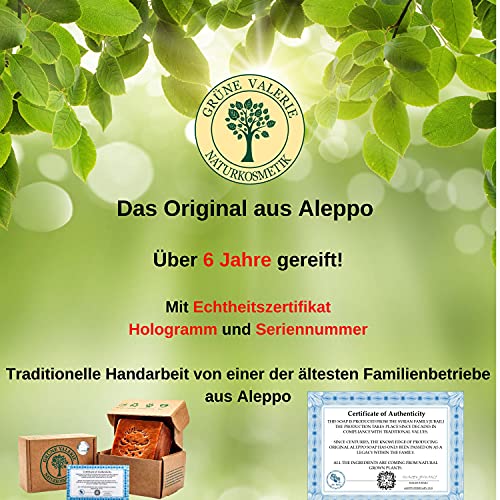 Grüne Valerie® Jabón original de Alepo 200g+ 70% / 30% aceite de laurel/aceite de oliva - jabón para el cabello/jabón de ducha Valor PH 8 Detox, hecho a mano - más de 6 años madurado,