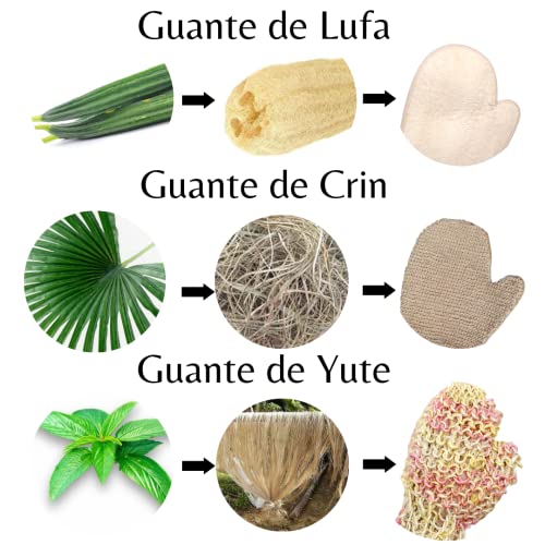 Guante exfoliante corporal: pack de 3 guantes exfoliantes distintos, hechos con ingredientes 100% naturales y para todo tipo de pieles