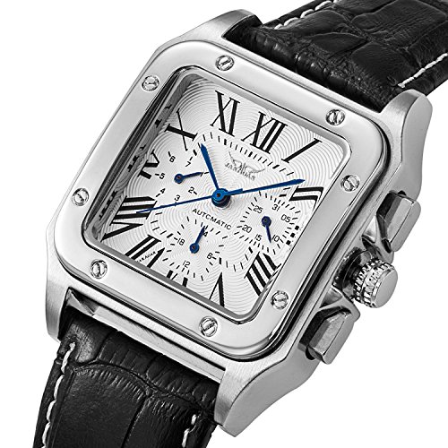 GUTE Reloj mecánico para Hombre,Automático Reloj,Plata Negro Dial Correa,de Cuero Multifunción Moda de Lujo