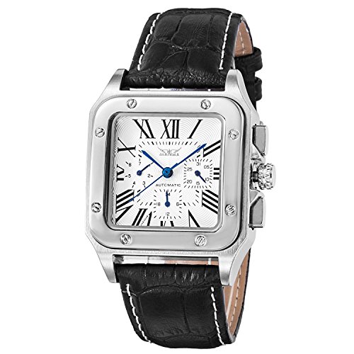 GUTE Reloj mecánico para Hombre,Automático Reloj,Plata Negro Dial Correa,de Cuero Multifunción Moda de Lujo