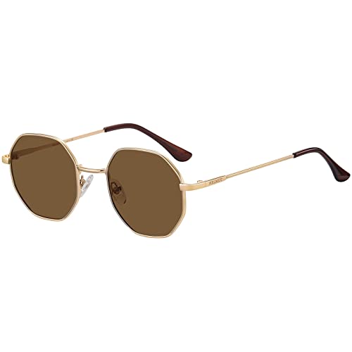 H HELMUT JUST Gafas de sol redondas para mujer,Gafas de sol retro,Gafas de sol redondas para hombres (Golden/Brown)