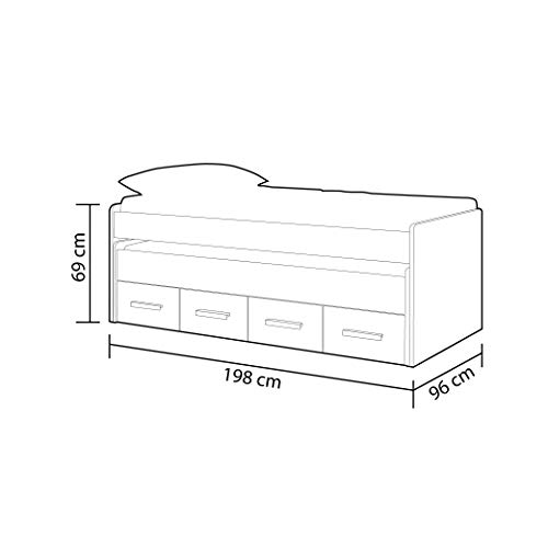 Habitdesign Cama Nido Juvenil, 2 Camas y 2 cajones, Modelo Ares, Acabado en Color Blanco Alpes y Basalto, Medidas: 198 cm (Ancho) x 69 cm (Alto) x 96 cm (Fondo)
