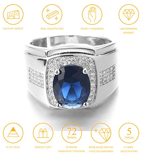 HALUKAKAH Anillo de Diamantes con Cristal de Piedras Preciosas Azules,Hombres Chapado en Platino de Oro Blanco Real 18k Auricular Diamantes de Laboratorio Tamaño Ajustable con Caja