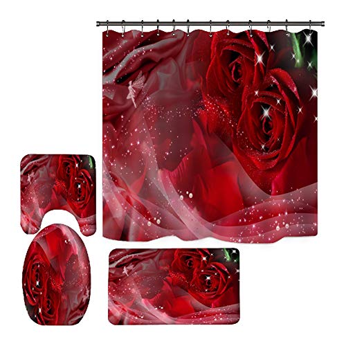 Hankyky Cortina de ducha romántica diseño de San Valentín con rosas rojas, flores Sweet Heart Love, juego de cortina de ducha con alfombra antideslizante, alfombrilla de baño y 12 ganchos, impermeable