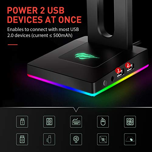 HAVIT RGB con AUX de 3,5 mm y 2 Cargador USB Soporte para Auriculares de Escritorio, Soporte de Cascos Gaming Duradero