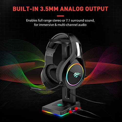 HAVIT RGB con AUX de 3,5 mm y 2 Cargador USB Soporte para Auriculares de Escritorio, Soporte de Cascos Gaming Duradero