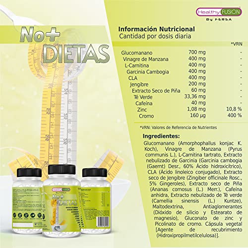 Healthy Fusion Potente Adelgazante, Vinagre de Manzana, Garcinia Cambogia, Té Verde, Adelgazante, Quemagrasas, Reductor del Apetito y Estimulante del Metabolismo, 100 cápsulas