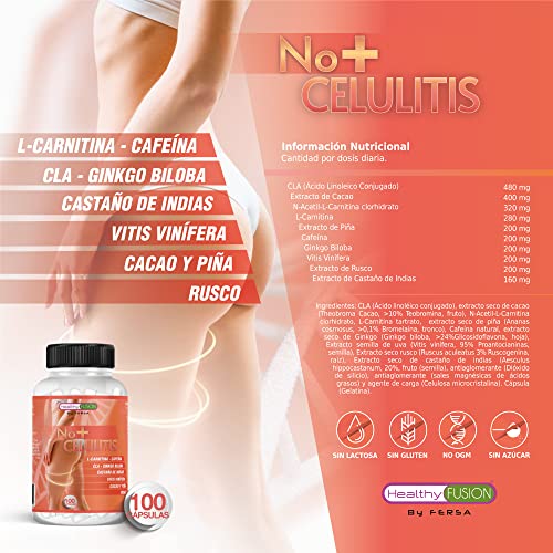 Healthy Fusion Potente Anticelulítico Reductor Intensivo, Reafirma, tonifica, Elimina celulitis, piel de naranja, Estimula Lipólisis, L-Carnitina, CLA, Cacao, 100 cápsulas