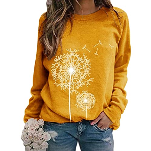 heekpek Camiseta Manga Larga Mujer Sudadera Mujer Impresión de Diente de León Cuello Redondo Casual Camisa Top Blusas Pullover Hoodie para Primavera Otoño y Invierno