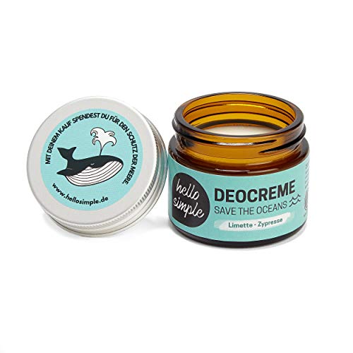 hello simple - Desodorante (50 g) - ¡SALVA LOS OCÉANOS! - cosméticos naturales sostenibles - sin aluminio, veganos, orgánicos, sin plástico (cal-cipreso)