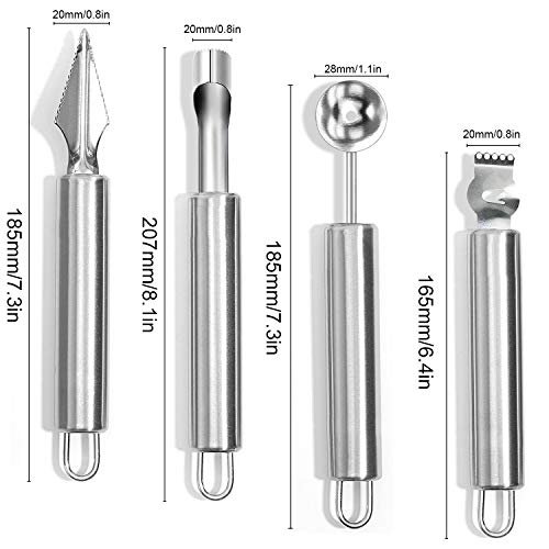 Herramientas para Tallar Frutas Acero Inoxidable 4 en 1 Descorazonador de Manzanas Cuchara Vaciadora Cuchillo Tallado de Fruta Cortador Sandia Helado Multifuncional para Diferentes Frutas (Plata)