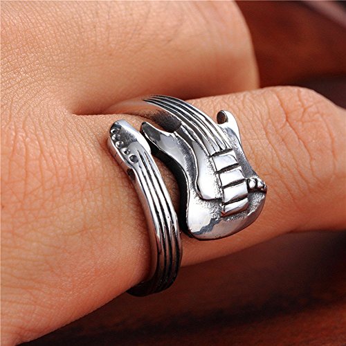 HIJONES Hombre Acero Inoxidable Punk Rock Wrap Alrededor De La Música De La Guitarra Anillo De Plata Tamaño 17