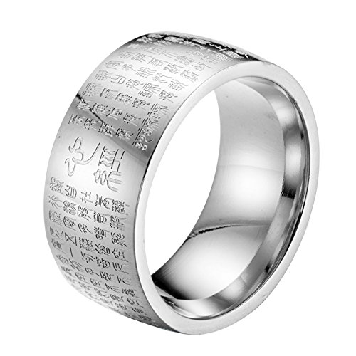 HIJONES Hombre Budista Mantra Corazón Sutra 10 Mm Ancho Anillo De Acero Inoxidable Banda, Sello De Escritura China Estilo Plata Tamaño 22