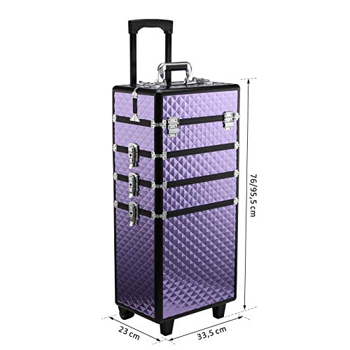 HOMCOM Maletín de Maquillaje Profesional con Ruedas Universales Distintos Niveles Asa Extensible Maletín Maquillaje Trolley Aleación de Aluminio 33.5x23x76/95.5 cm Violeta